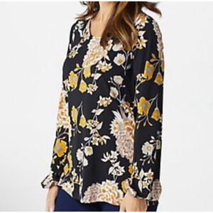 Susan Graver Top Womens 2x Black Floral Knit Elastic Wrist Tunic Gold Shimmer
